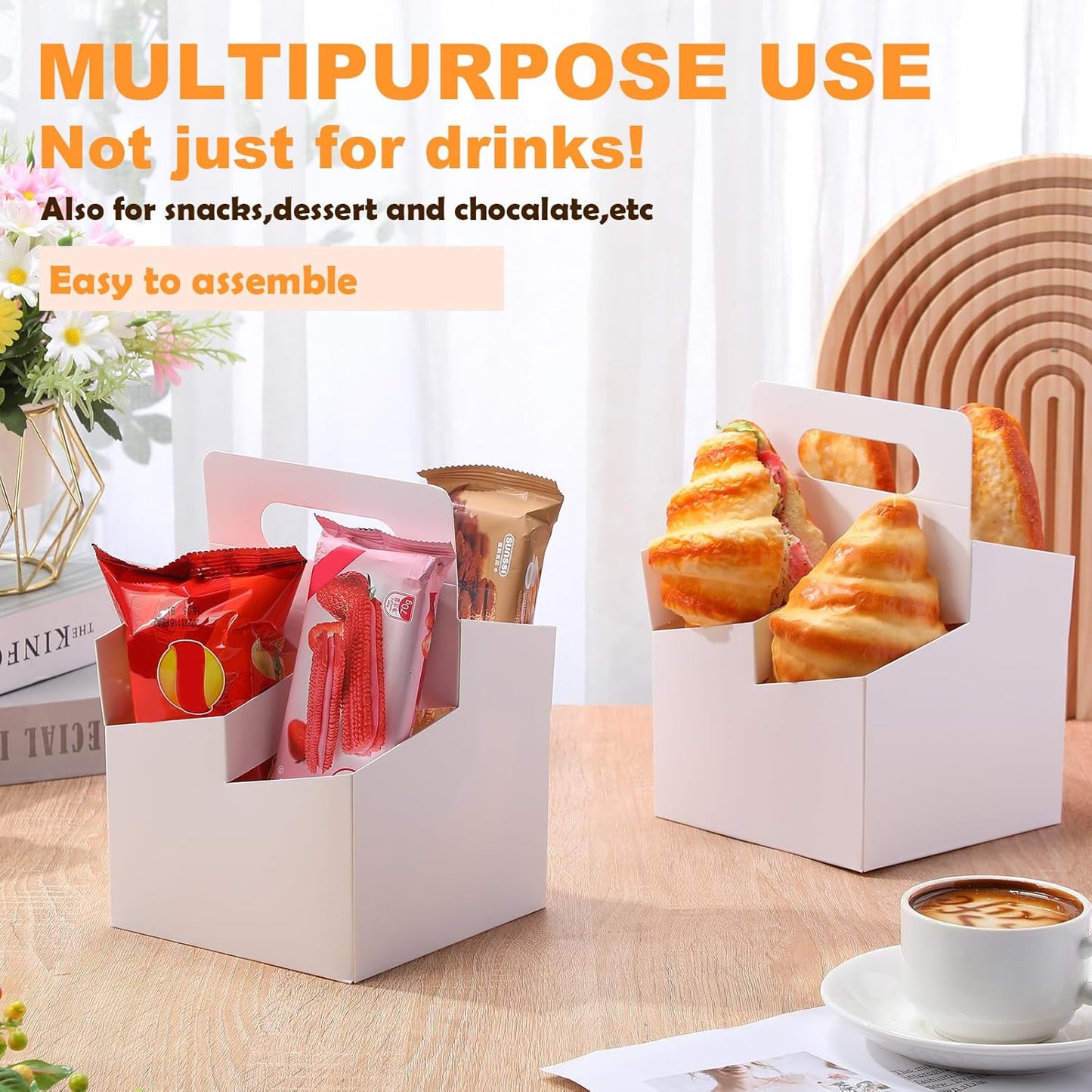 Jetec 4 Cup Drink Carrier with Handle, Kraft Paperboard Beer Carrier, Disposable Drink Holder for Hot or Cold Drinks, 12-16 oz Bottle Holder for Soda and Other Bottled Products(50 Pcs,White)