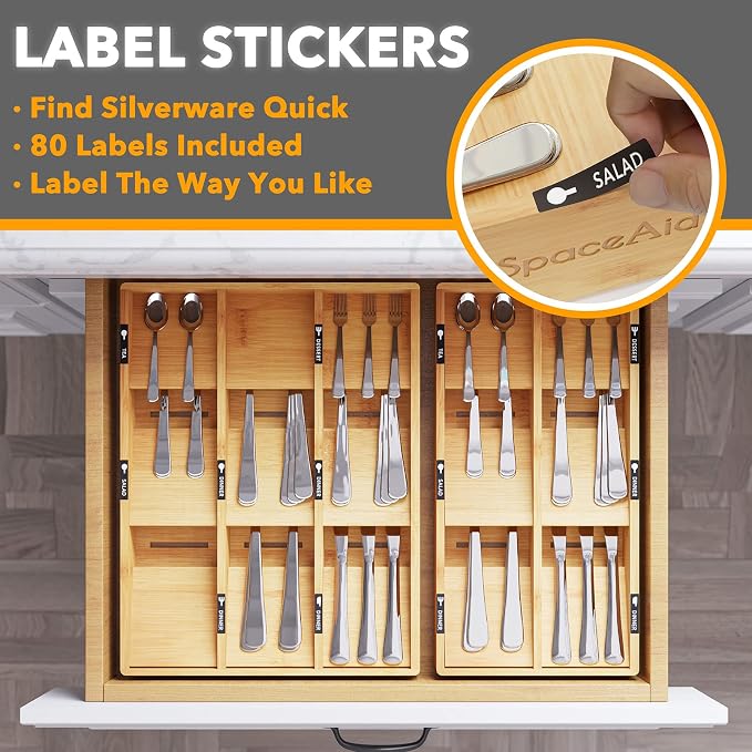 SpaceAid Bamboo Silverware Drawer Organizer with Labels (Natural, 6 Slots) Bag Storage Organizer - Image 3