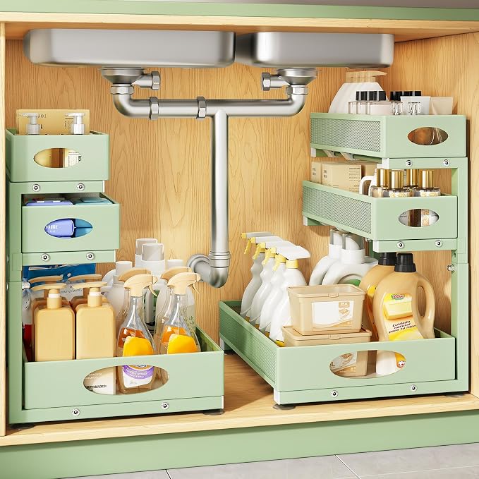 Kitstorack Under Sink Organizer 3-Tier Slide Out Drawer 2-Pack Green by Kitstorack