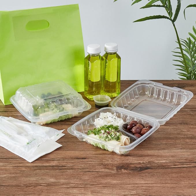 Restaurantware-Chef 101 30 Ounce Hinged Clamshell Containers, 100 Disposable Take Out Boxes - 3 Compartments, Secure Lids, Clear Meal Prep Containers, Microwavable, For Pasta Or Salads - Image 4