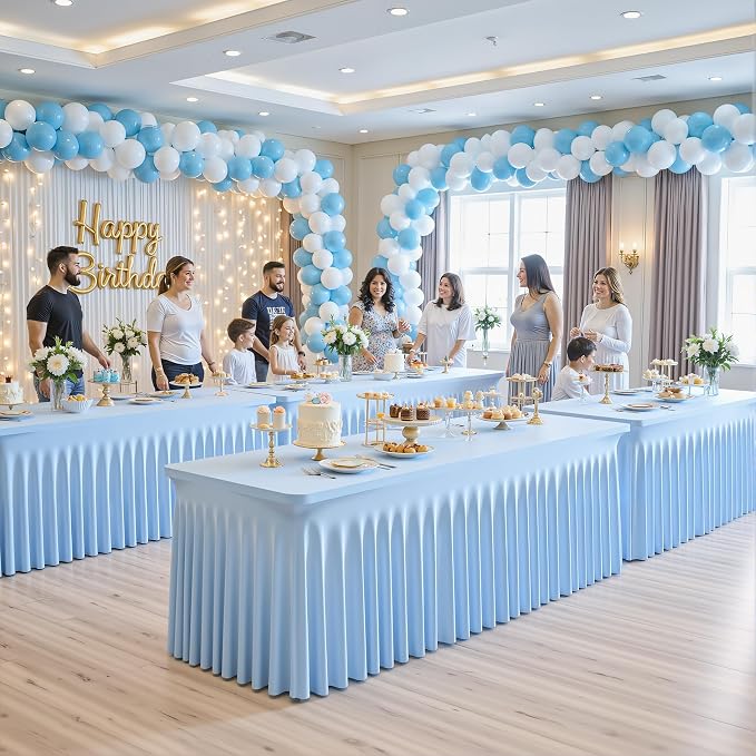 6 Pack Baby Blue Table Cloth for 8 Foot Rectangle Tables Spandex Fitted Tablecloth 8ft Stretch Table Covers Skirt Baby Blue Banquet Tablecloths Wrinkle Free Tablecloth for Party Wedding Birthday Event - Image 2