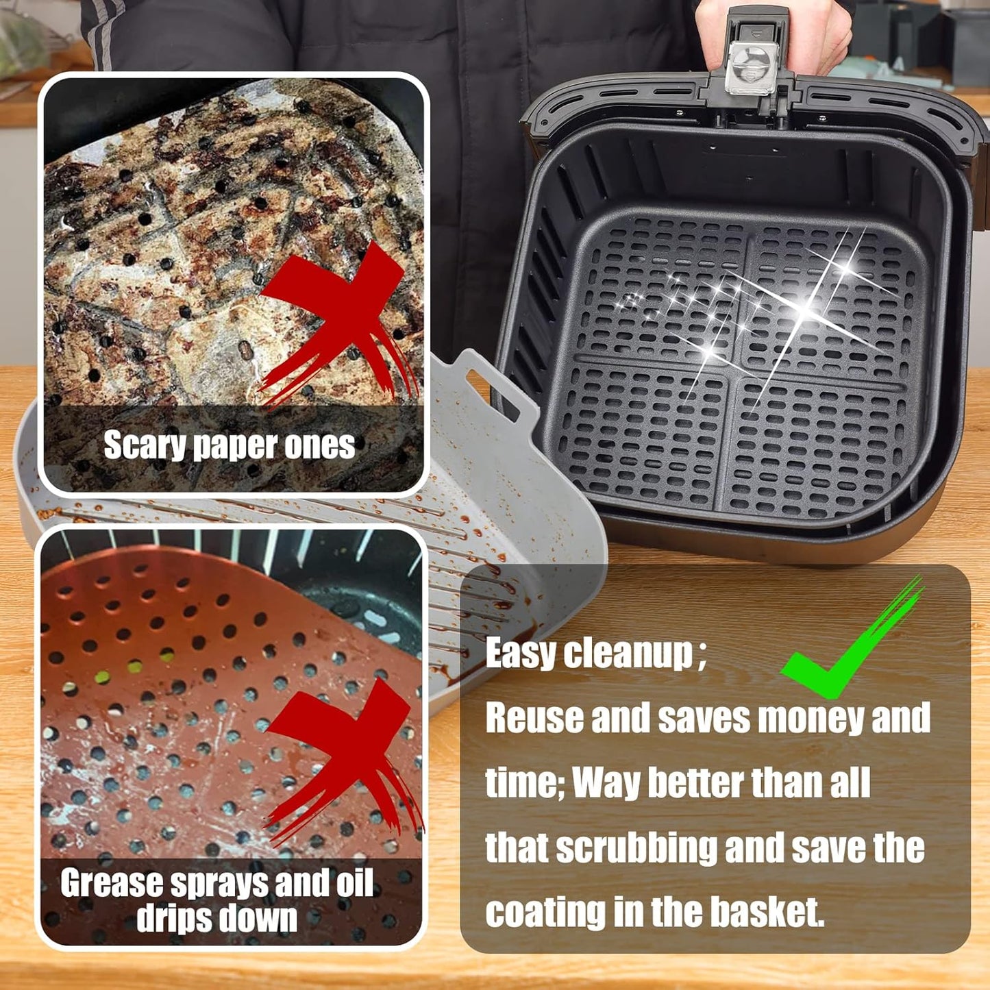 Silicone Liners Square for Air Fryer, 2 Pcs Non-stick Food-grade Reusable Basket Silicone Pot Baking Tray Airfryer Accessories, Top Size 9 inches, Bottom Size 8 inches