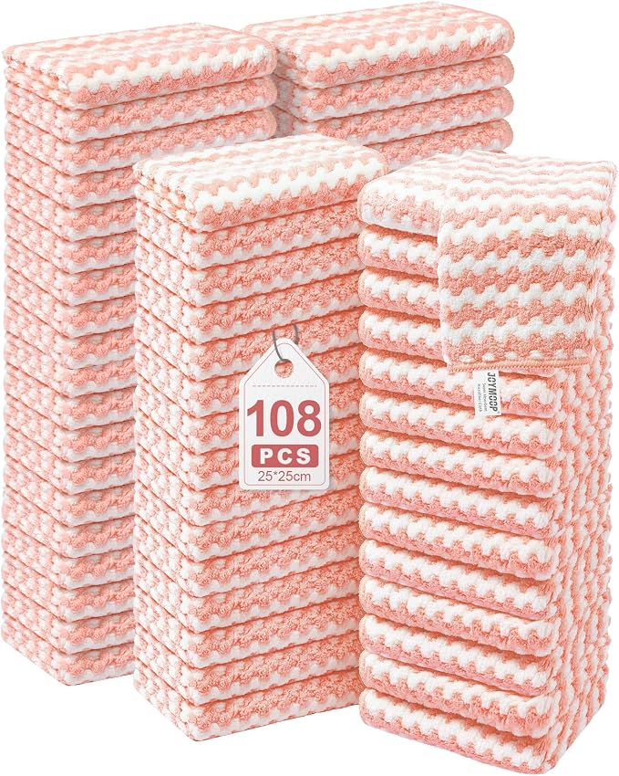 JOYMOOP 108 Packs Microfiber Cleaning Cloths, 10" x 10" Reusable Kitchen Towels, Lint-Free Cleaning Rags, Super Absorbent Cleaning Cloths for Kitchen, Car, and Household Cleaning, Pink by JOYMOOP