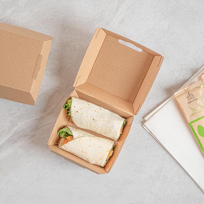 Restaurantware Clamshell Take Out Container 100 Pack of 4 x 4 x 2.8 Inch Paper Sustainable Take Out Box Grease-Resistant Food Box Kraft Burgers and Sandwiches Container - Image 6