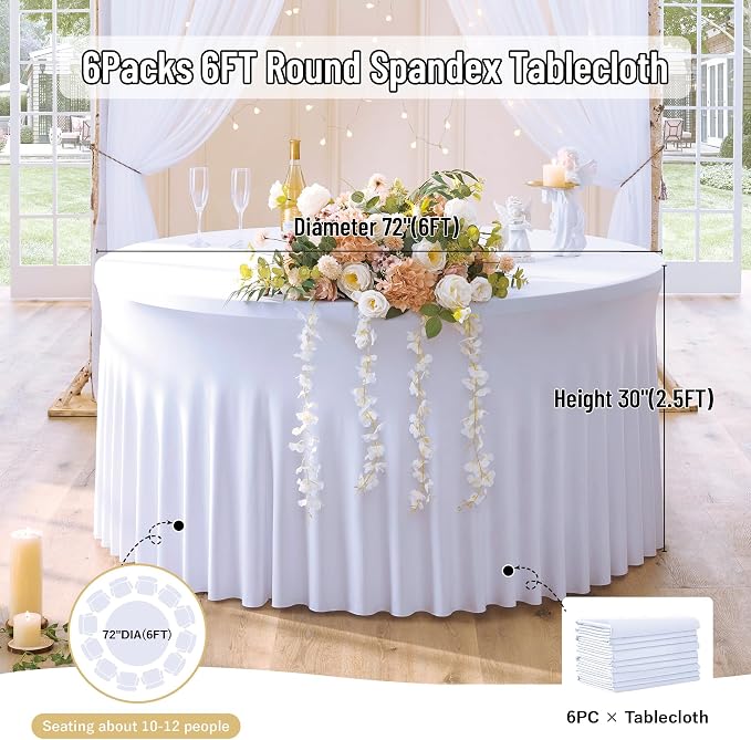 leegleri 6 Pack Spandex White Round Tablecloths for 72in Table, Stretchy 132inch Fitted 6FT Round Table Cloths, Wrinkle Free Table Cover with Skirt for Wedding Birthday Party Bridal Shower Banquet - Image 5