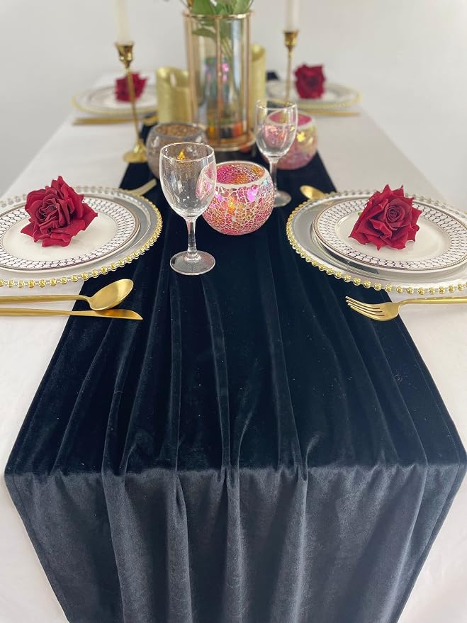 Luxurious Velvet Table Runner, 10ft Wedding Reception Decorations, 20x120inch Soft Velvet Fabric, Table Linen Overlay, Wedding Table Runners (Black, 20X120inch) - Image 2
