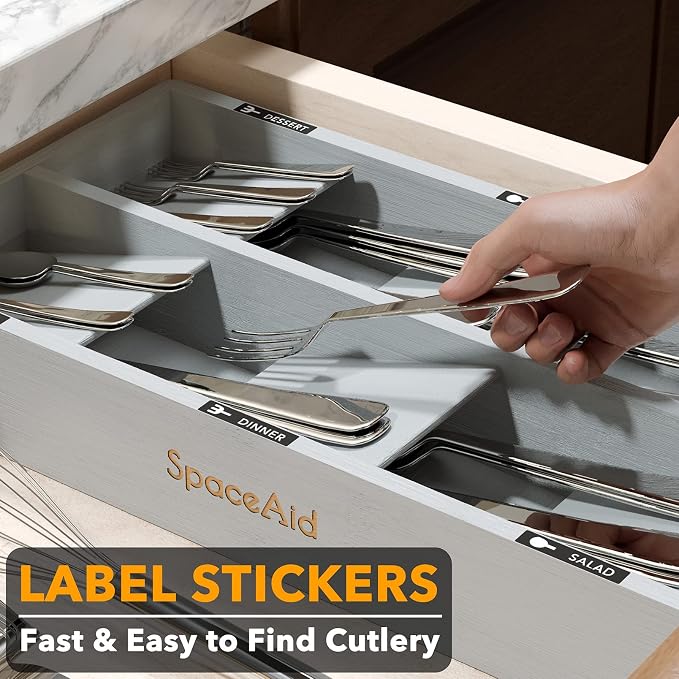 SpaceAid Bamboo Silverware Drawer Organizer with Labels, Kitchen Utensil Tray Holder Organizer for Flatware, Cutlery, Spoon and Knives Drawer Storage Organization (Gray, 6 Slots) - Image 5
