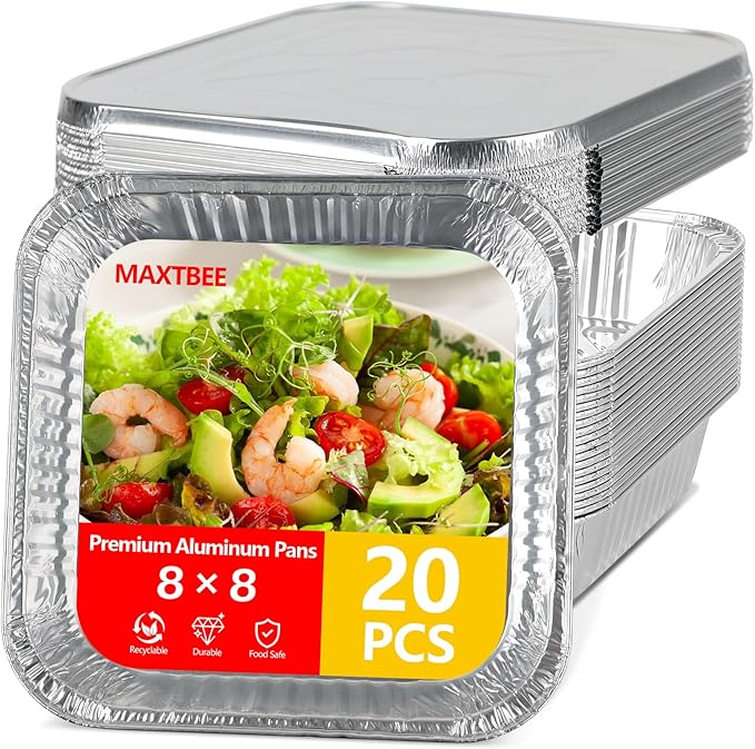 8x8 Aluminum Foil Pans with Lid, 20 Pack Disposable Trays Half Size Heavy Duty Tin Pans Deep Food Containers For Cooking, Meal Prep, Baking, Roasting, Chafing, Heating or Steam Table by Unknown