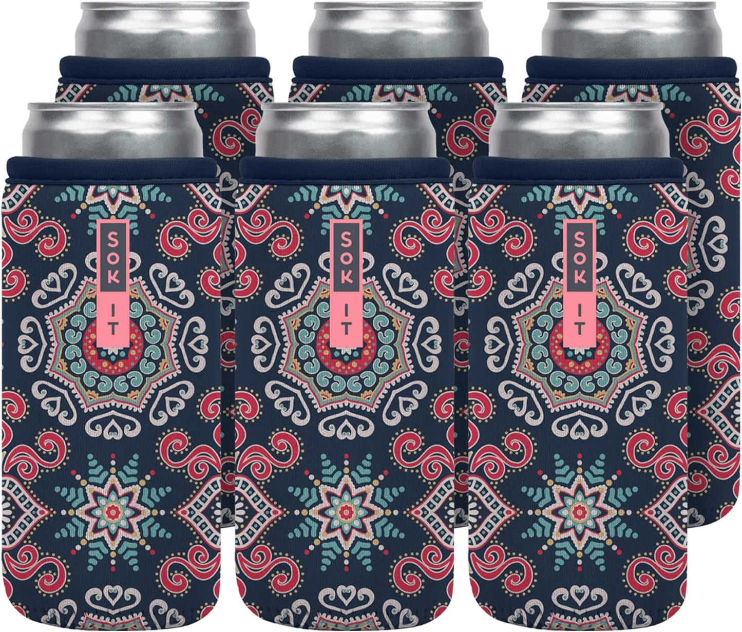 Sok It CanSok 6 Pack Sleeve for Beer & Soda Insulated Neoprene Cover (Floral Burst, 12oz Slim Can Sleeve - 6 Pack)