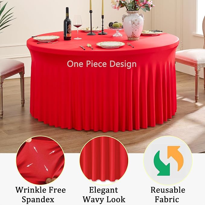 6 Pack Red Spandex Round Tablecloths for 72inch Table, 132in Stretchy Fitted 6ft Tablecloths, Wrinkle Free Round Table Clothes Covers with Skirt for Wedding Birthday Parties Banquet - Image 3