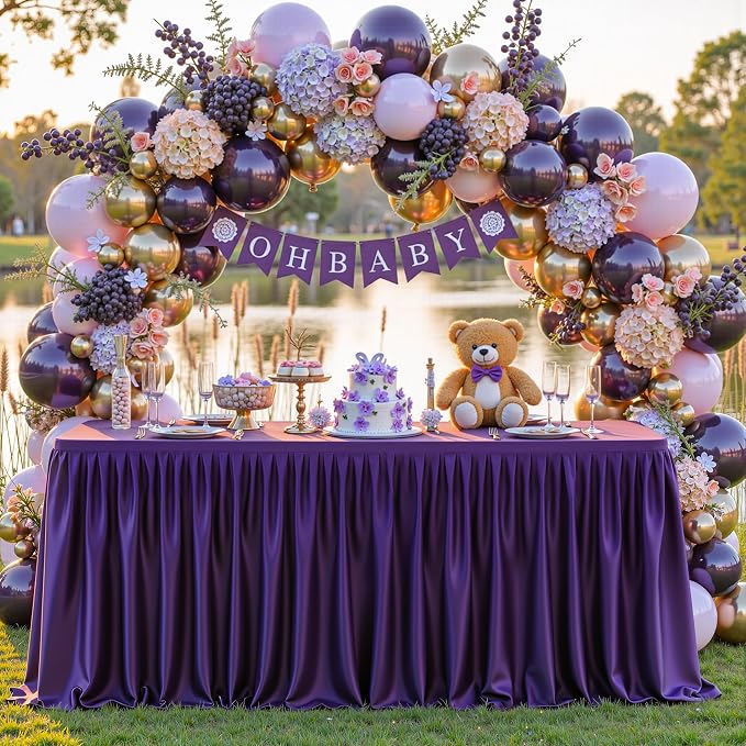 Wish Care Dark Purple Polyester Table Clothes for 4 Foot Rectangle Tables, Wrinkle Free Fitted Table Cover with Pleated Ruffle Table Skirt for Birthday Party Wedding Trade Show Event Display - Image 3