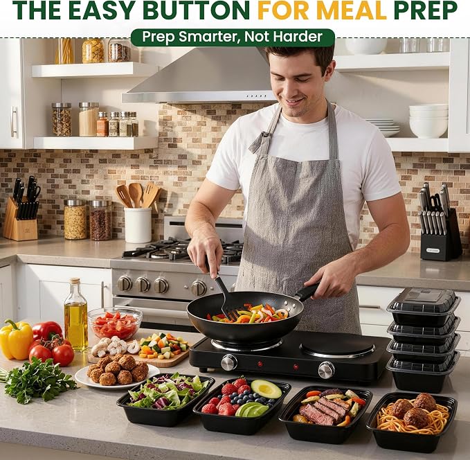 20 Pack 28oz Meal Prep Containers Reusable with Easy Open Lids, Sturdy Leakproof Food Safe, To Go Take Out Plastic Food Storage Containers with Lids, Microwave Freezer Dishwasher Safe, Black - Image 2