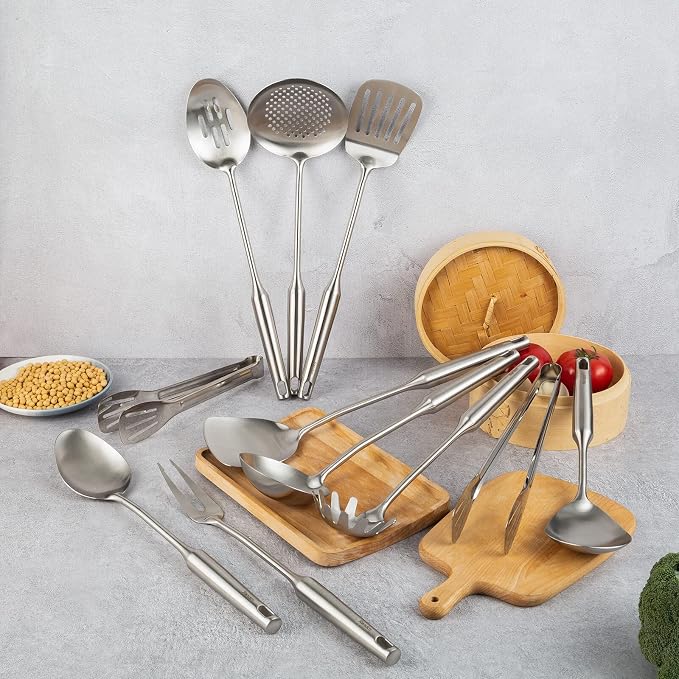 18/10 Stainless Steel Cooking Tools Set - 11PCS All Metal Kitchen Utensils | Round Handle Utensils - 2 Tongs, Fork, Solid Slotted Spoon, Spatula, Soup Ladle, Skimmer, Turner, Spaghetti, Large Spoon - Image 5