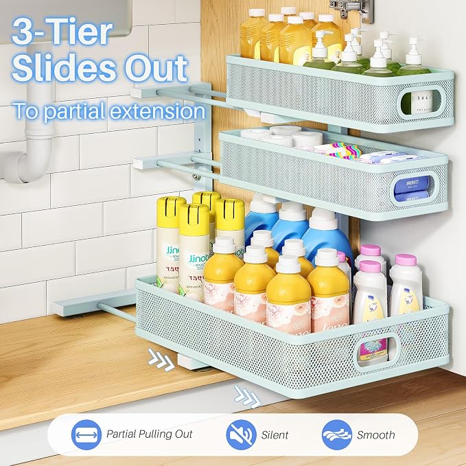 Under Sink Organizer, 3-Tier Thickened Metal Pull out Cabinet Organizer Shelf, Height Adjustable Slide out Storage Drawer Rack for Kitchen Bathroom Pantry Laundry Home, 1-Pack, LightBlue - Image 5