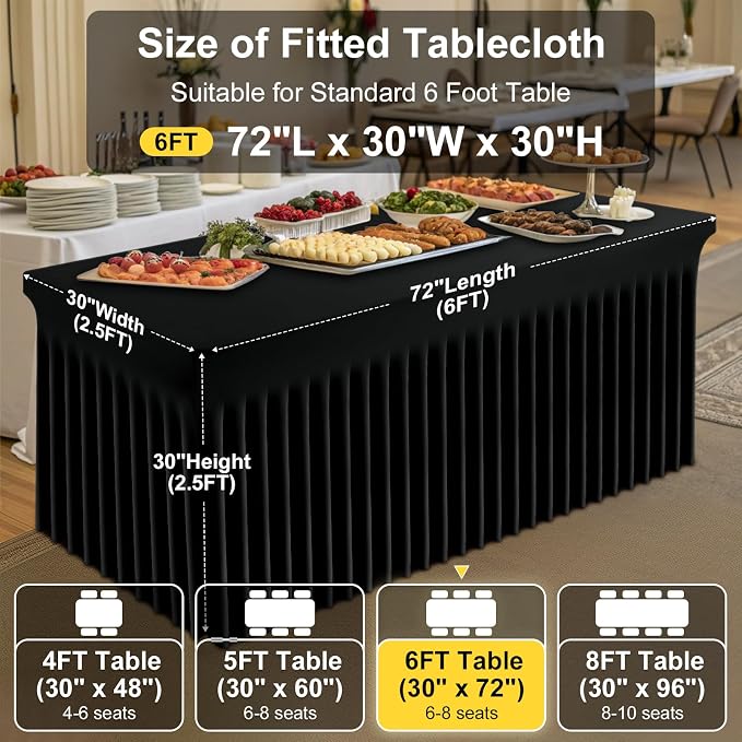 Smiry Spandex Tablecloth 6 Pack, Elastic Fitted Stretch Tablecloth for 6FT Rectangle Tables, Waterproof Washable Table Cover Skirt for Wedding, Banquet & Parties (Black, 72Lx30Wx30H Inch) - Image 5