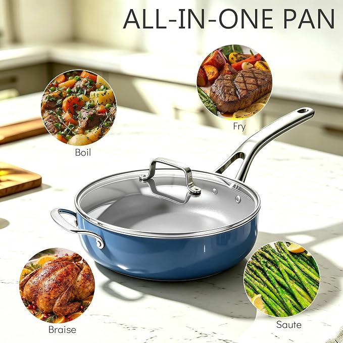 10-in-1 Blue Ceramic Nonstick Deep Saute Pan Set With Steamer & Lid, 4QT - Image 2