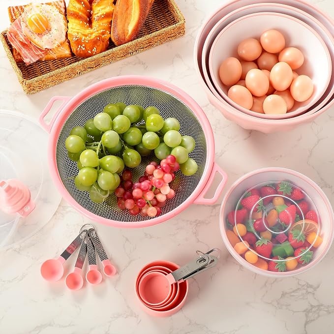 Ziliny 4 Pcs Mixing Bowls with Lids Plastic Nesting Bowls Set with Stainless Steel Colander 8 Pcs Measuring Cups and Spoons Set and Foldable Kitchen Funnel for Kitchen Cooking Accessories (Pink) - Image 6