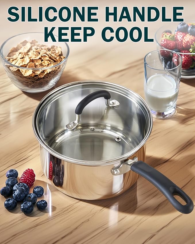 Cook N Home Professional 1 Quart and 2 Quart Stainless Steel Saucepan Set with Lids, Small Kitchen Induction Cooking Sauce Pot Pan, Stay-Cool Silicone Handle, Dishwasher Safe - Image 4