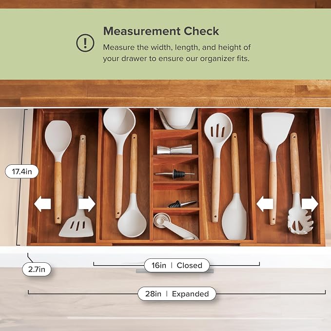 KitchenEdge Utensil & Junk Drawer Organizer, 16-28 in, Acacia | Food-safe contract grade, 100% sustainable wood, non-slip, adjustable - Image 4