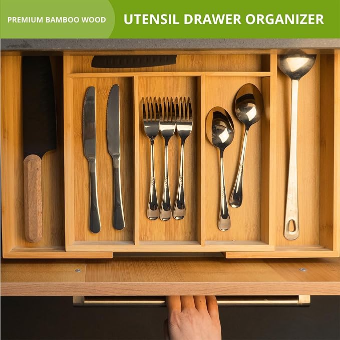 Premium Bamboo Kitchen Drawer Organizer, Perfect for Storing Cutlery, Silverware, and Gadgets, Suitable for Kitchens, Living Rooms, and Bedrooms, 5-7 Compartments, 13 to 19.6 Inches Wide - Image 6
