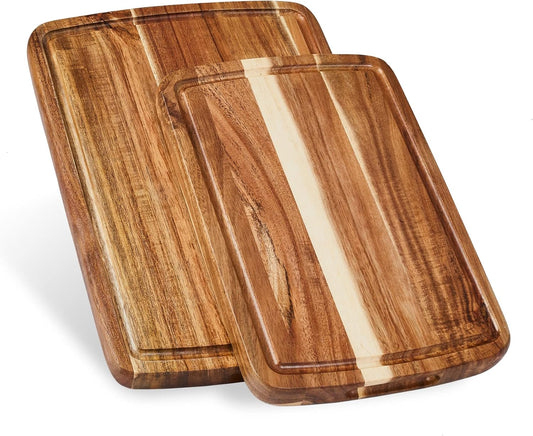 Set of 2 Sonder Los Angeles Acacia Wood Cutting Boards with Juice Groove, Gift Box Included - Small & Medium Sizes: 14x10x1in & 12x8x1in. Ideal for Meat, Vegetables, and Organic Produce Sustainable