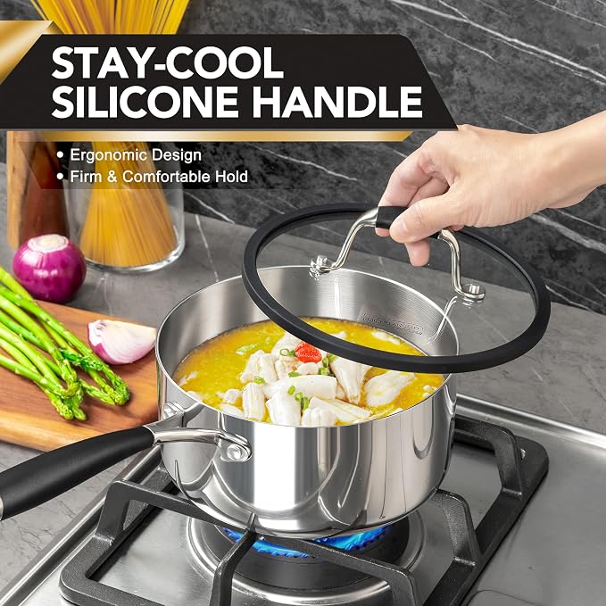 MICHELANGELO Triply Stainless Steel Saucepan Set with Strainer Lid, Heavy-duty Sauce Pan with Lid, Multipurpose Sauce Pot Induction Compatible - 1QT & 2QT & 3QT - Image 5