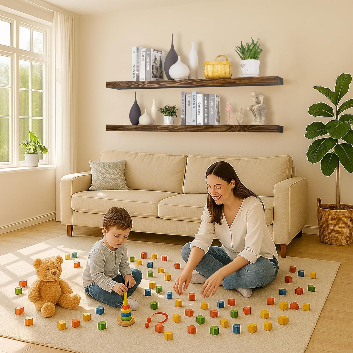 Rustic Floating Shelves 72 inch Long 8 "deep Set of 2, Heavy Duty Wood Wall Mounted Shelves for Bathroom Living Room Kitchen,Book Shelves with Thickened Hidden Bracket- Walnut