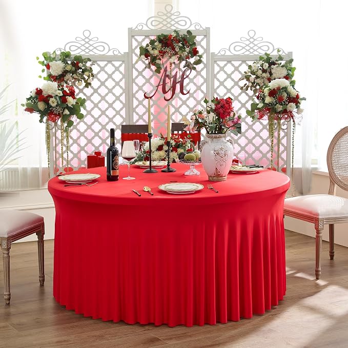 6 Pack Spandex Red Round Tablecloths for 60inch Table, 120in Stretchy Fitted 5ft Tablecloths, Wrinkle Free Round Table Clothes Covers with Skirt for Wedding Birthday Parties Banquet - Image 6