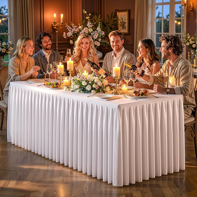 White Polyester Table Cloths for Rectangle 6 Foot Tables, 6 Pack Wrinkle Free Tablecloths Stretchy Banquet Ruffle Fitted Table Cover Desk Skirt for Parties Wedding Birthday Baby Shower - Image 7
