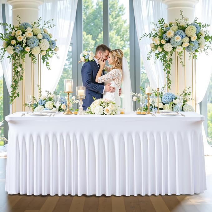 gogoparti 4 Pack Spandex White Fitted Table Cloth for 8ft Rectangle Tables White Stretch Tablecloth Table Covers Skirt Banquet Wrinkle Free Tablecloths for Parties Wedding - Image 4