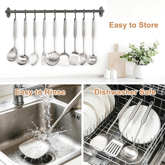 304 Stainless Steel Cooking Utensils Set, Stainless Steel Kitchen Utensils Set Cookware, Cooking Utensils Set Stainless Steel (11, silver) - Image 3