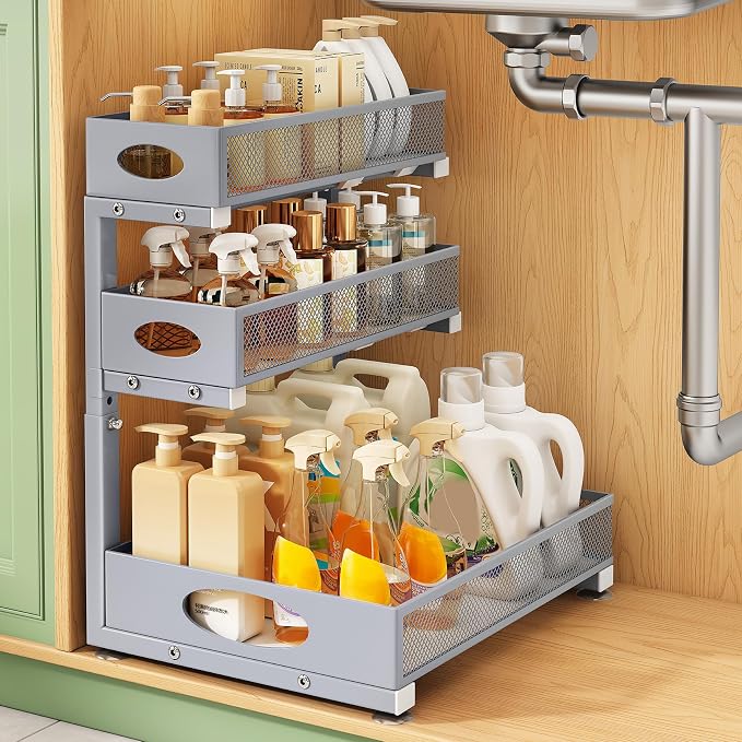 Kitstorack Under Sink Organizer 3-Tier Slide Out Drawer 1-Pack Grey by Kitstorack