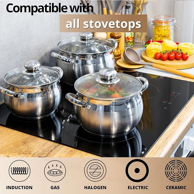 Daniks Classic 6.5 Quart Stainless Steel Stock Pot with Glass Lid, Tri-Ply Bottom for Even Heating, Induction Compatible, Dishwasher Safe - Image 5