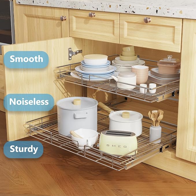 LOVMOR Individual Pull Out Cabinet Organizer, 2 Tier Slide Out Cabinet Drawers, Pots and Pans Organizer and Storage Pantry Shelf for Kitchen (28½" W x 21½" D) - Image 2