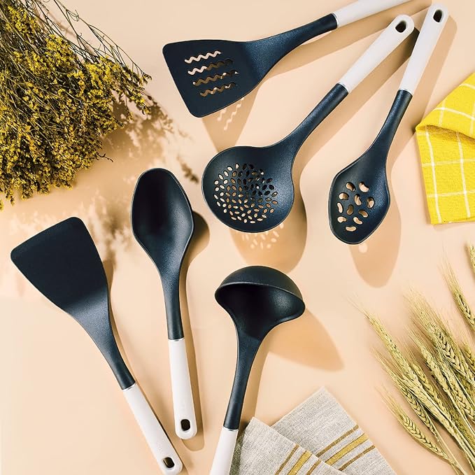 Meyer Everyday Nylon Tools/Cooking Utensils Set for Non Stick Cookware, 6 Piece: Slotted Turner, Solid Turner, Skimmer, Ladle, Slotted Spoon and Solid Spoon, Heat Resistant, Black with Gray Handles - Image 2