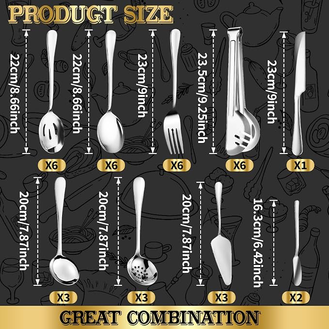 36-Piece Stainless Steel Serving Utensil Set – Complete Buffet Essentials with Spoons, Forks, Tongs, Ladle & More. Perfect for Wedding, Holiday, Catering, and Family Gatherings(Silver) - Image 2