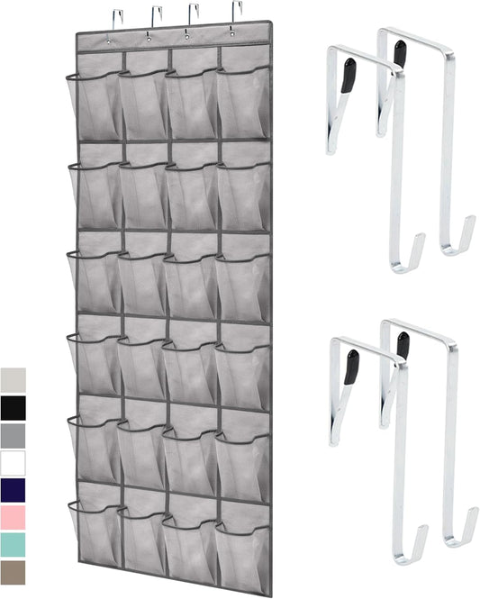 GORILLA GRIP Over the Door Shoe Organizer, 24 Large Breathable Mesh Pockets, Space Saving Hanging Storage Holder, Closet Rack Hanger Holds Up to 40 lbs, Hangs on Closets for Shoes, Accessories, Gray