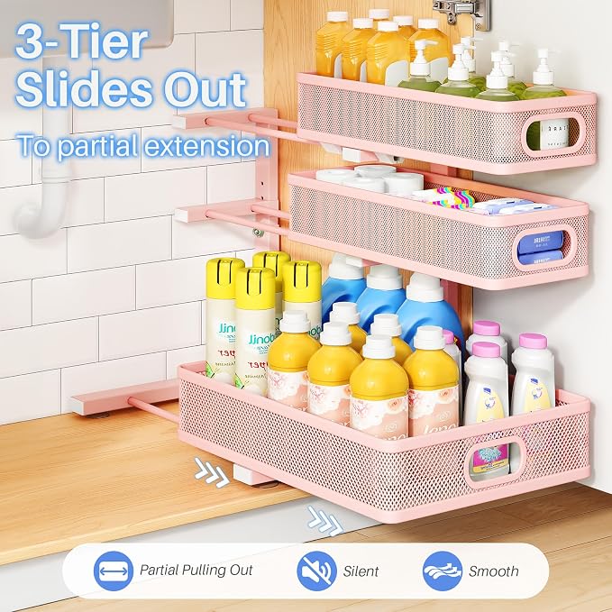 Under Sink Organizer, 3-Tier Thickened Metal Pull out Cabinet Organizer Shelf, Height Adjustable Slide out Storage Drawer Rack for Kitchen Bathroom Pantry Laundry Home Organization, 1-Pack, Pink - Image 5