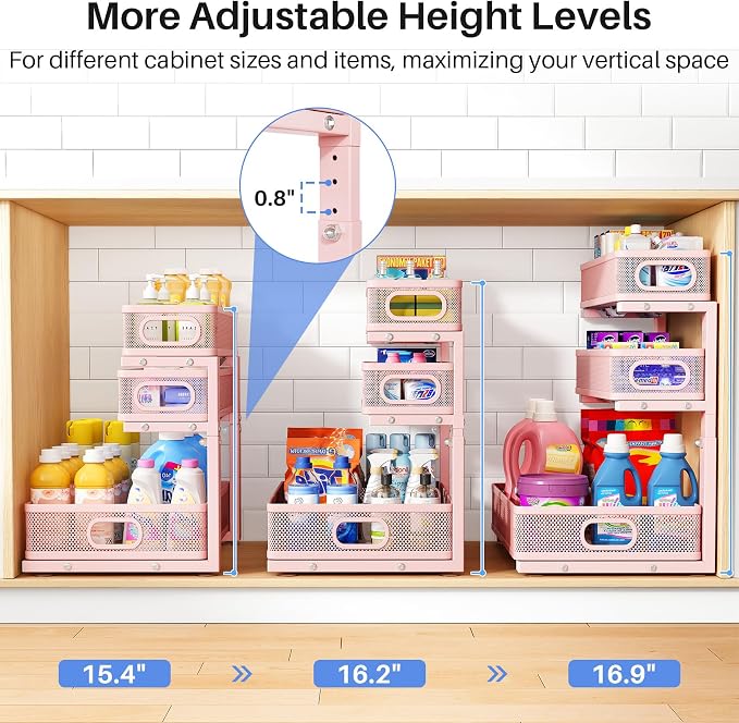 Under Sink Organizer, 3-Tier Thickened Metal Pull out Cabinet Organizer Shelf, Height Adjustable Slide out Storage Drawer Rack for Kitchen Bathroom Pantry Laundry Home Organization, 2-Pack, Pink - Image 8