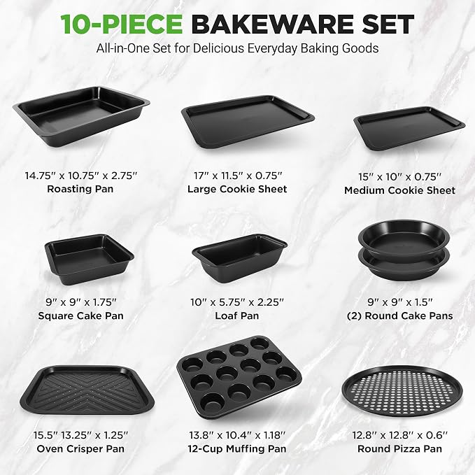 NutriChef 10-Piece Non-Stick Baking Set – Heavy-Duty Carbon Steel Bakeware Set w/ Cookie Sheets, Muffin Pan, Roasting Pan, Cake Pan, Baking Tray, Pizza Pan – Effortless Food Release & Easy Cleanup - Image 4