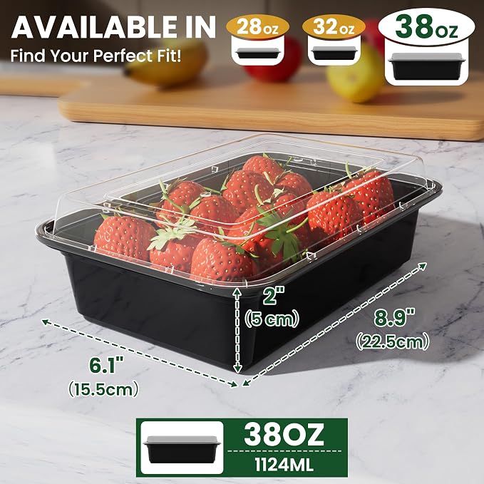 38oz Meal Prep Containers [50-Pack], Reusable Bento Box with Easy-Snap Leakproof Lids - Microwave, Dishwasher & Freezer Safe Food Storage, BPA-Free Plastic Lunch Containers (Black) - Image 3