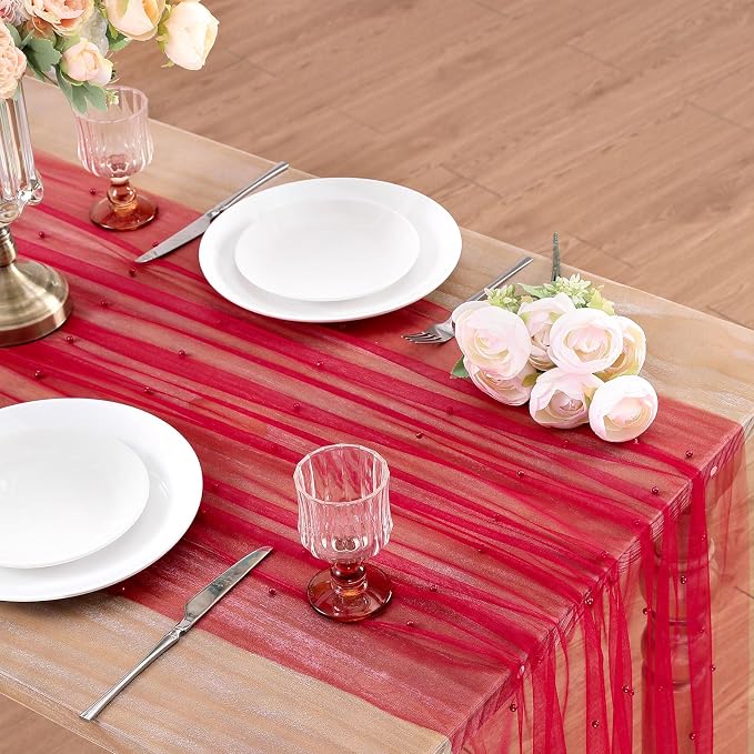 Pearl Tulle Table Runner Fabric Red 10ft Valentines Veil Dessert Overlay - Image 7