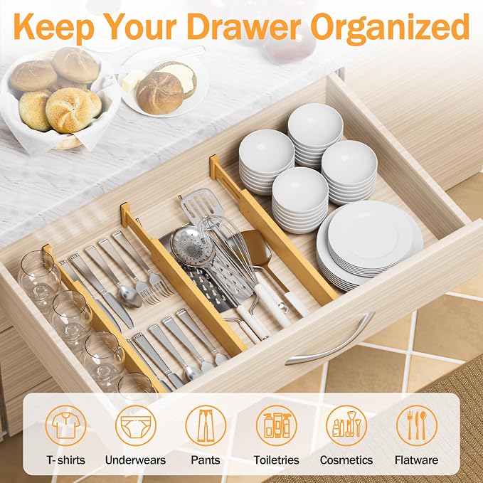 Bamboo Drawer Dividers Organizers, 2.56" High, 17"-21.8" Adjustable, 8 Pack - Image 3