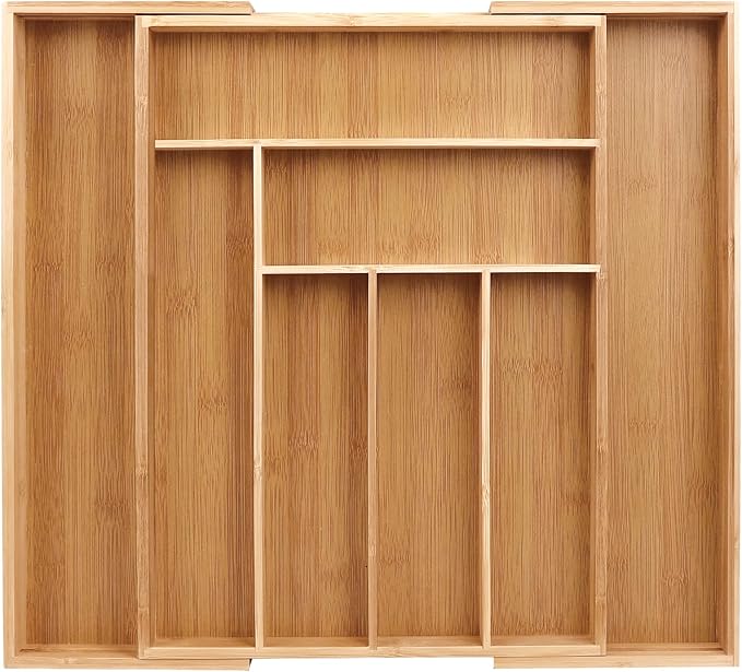 Bamboo Cutlery Tray, Adjustable Drawer Insert with 6 to 8 Compartments, Expandable Cutlery Organiser and Cutlery Tray, Organiser for Kitchen Utensils and Cutlery by Sosayet