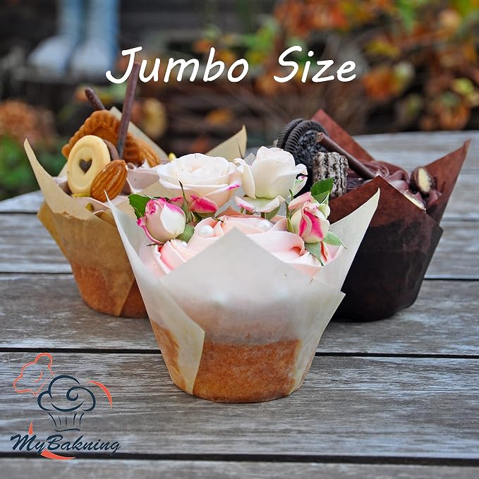 (JUMBO EXTRA LARGE size) Natural+Brown+White Tulip Baking Cups 2-1/4"(Base diameter) x 3-3/4"(Wall height) Greaseproof paper baking cupcake Muffin liners, Case of 130 pcs - Image 4