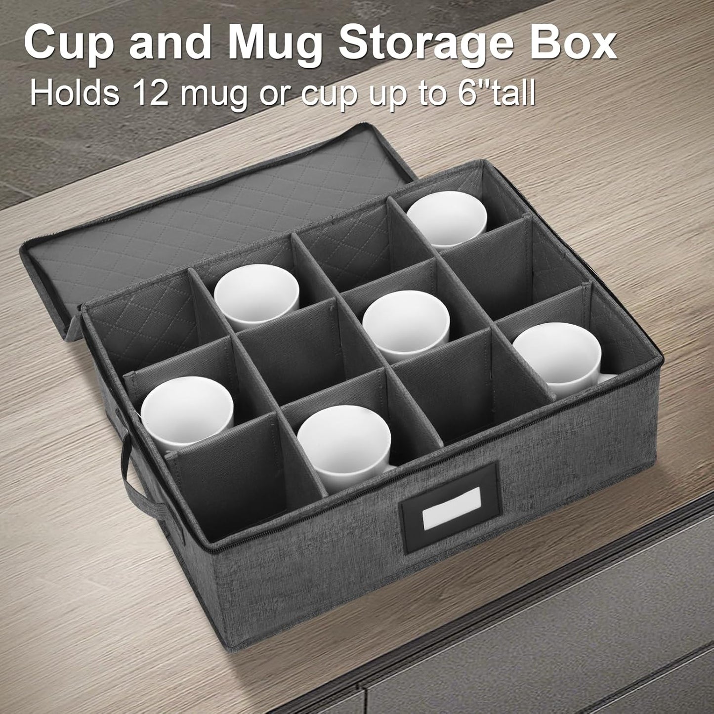 Mug Storage Box with Dividers, China Storage Containers for Tea Cups and Coffee Mugs with Zipper Lid and Rivet Reinforced Handles, Hard Shell and Stackable (Black)