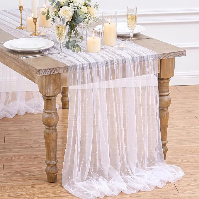 Pearl Gauze Table Runner Tulle Centerpieces Fabric White 10ft Wedding - Image 4