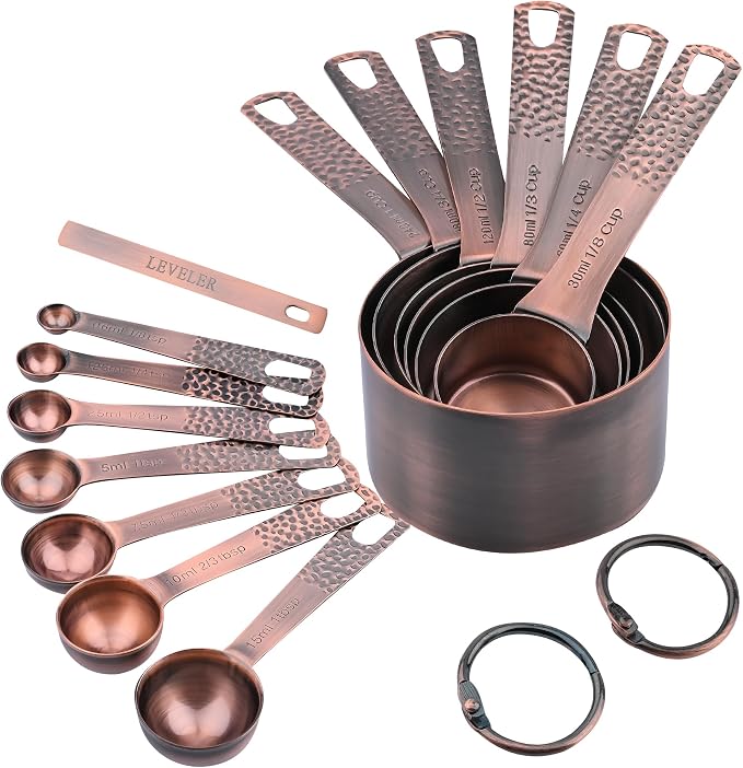 Copper Measuring Cups and Spoons Set 14, Stainless Steel Measuring Cups and Spoons set, Metal 6 Measure Cup and 7 Measure Spoon with 1 Leveler for Kitchen & Baking - Image 2