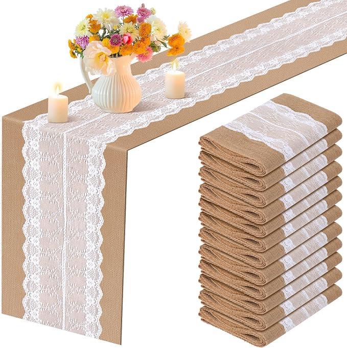 Chumia 12 Pack Burlap Table Runners with Lace 12 x 72 in, Elegant Style by Chumia