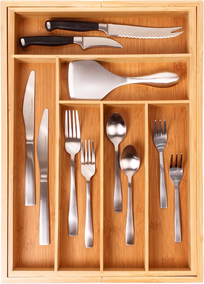 BergHOFF Bamboo 8-Slot Expandable Flatware Organizer Fits Most Kitchen Drawers, Expand from 12.75" to 18.5" | Durable Wood Drawer Divider For Flatware Storage, Adjustable Kitchen Silverware & Cutlery Tray, Fits 12.75" To 18.5" Drawers - Image 4